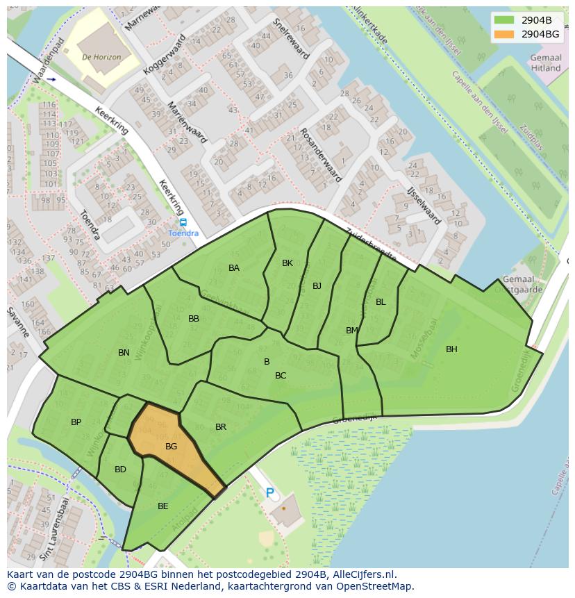 Afbeelding van het postcodegebied 2904 BG op de kaart.