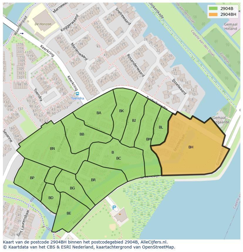 Afbeelding van het postcodegebied 2904 BH op de kaart.