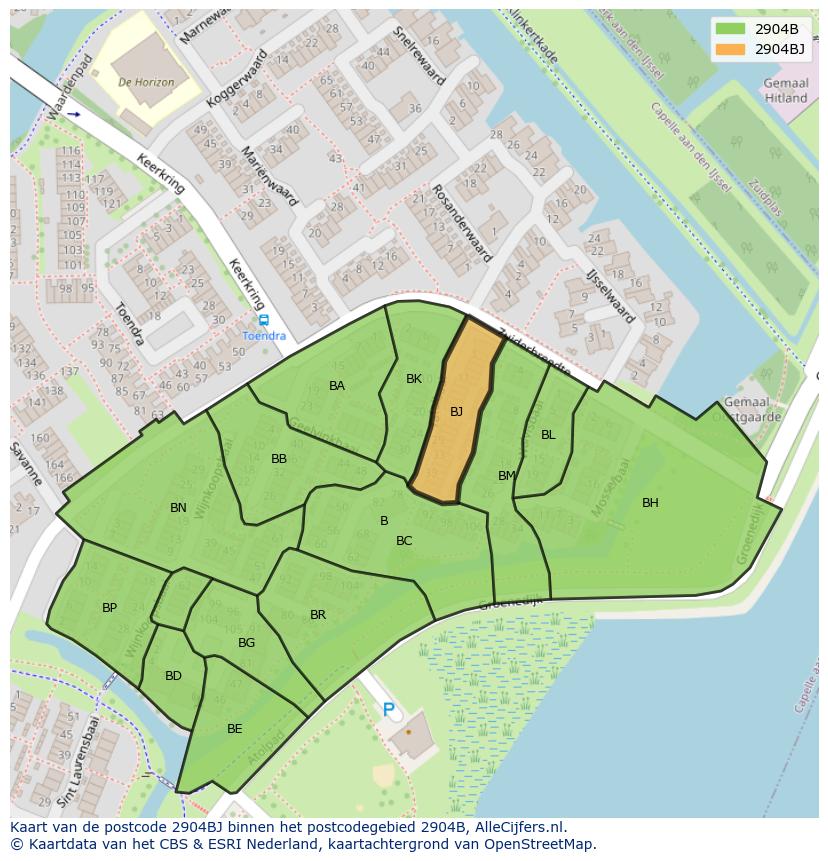 Afbeelding van het postcodegebied 2904 BJ op de kaart.