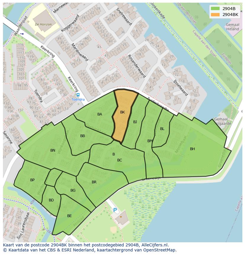 Afbeelding van het postcodegebied 2904 BK op de kaart.