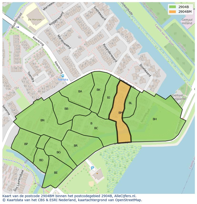 Afbeelding van het postcodegebied 2904 BM op de kaart.