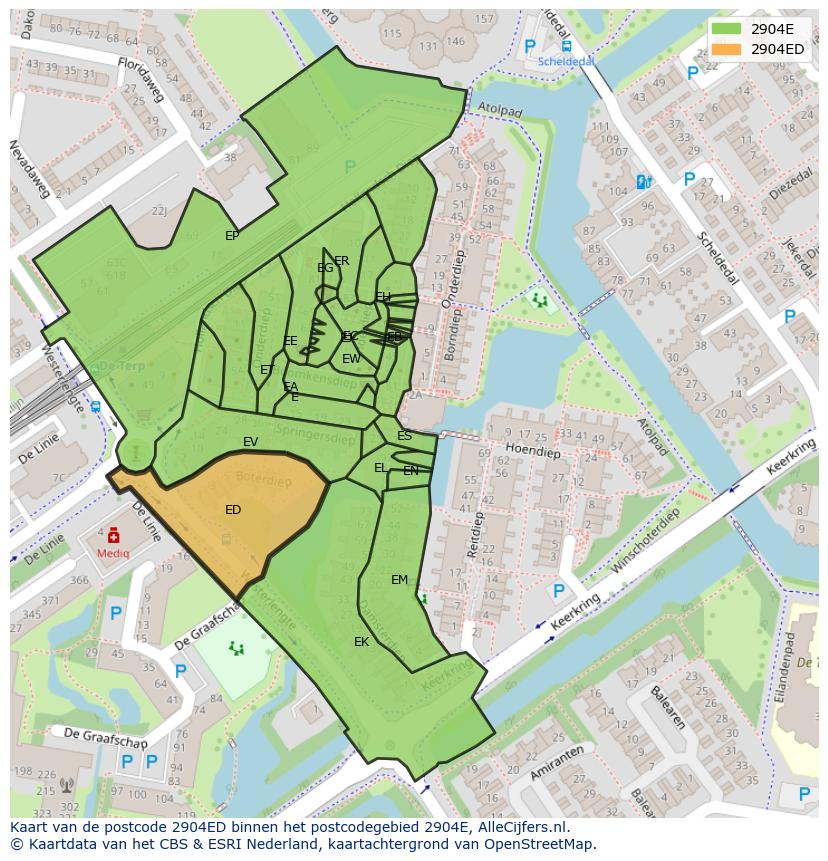 Afbeelding van het postcodegebied 2904 ED op de kaart.