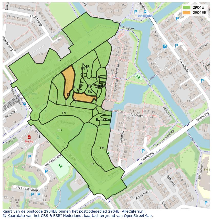 Afbeelding van het postcodegebied 2904 EE op de kaart.