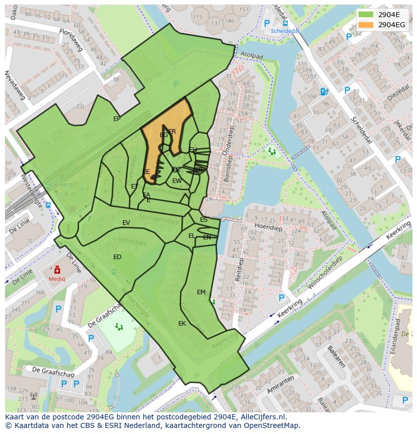 Afbeelding van het postcodegebied 2904 EG op de kaart.
