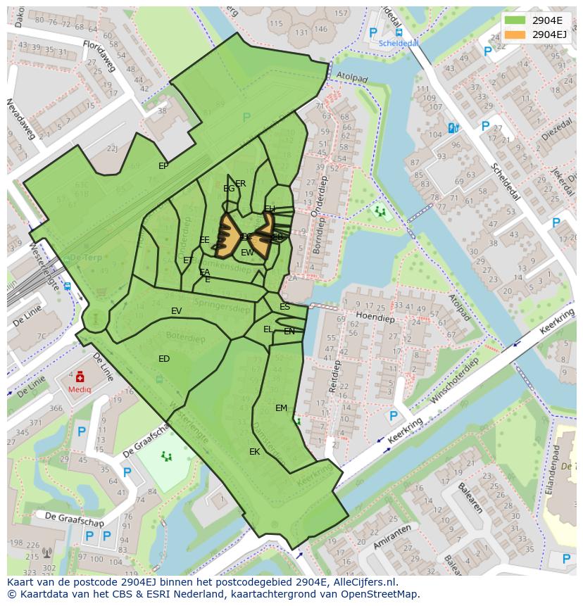 Afbeelding van het postcodegebied 2904 EJ op de kaart.