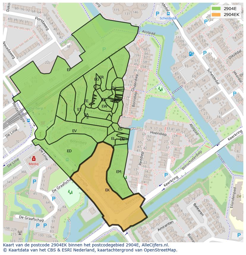 Afbeelding van het postcodegebied 2904 EK op de kaart.