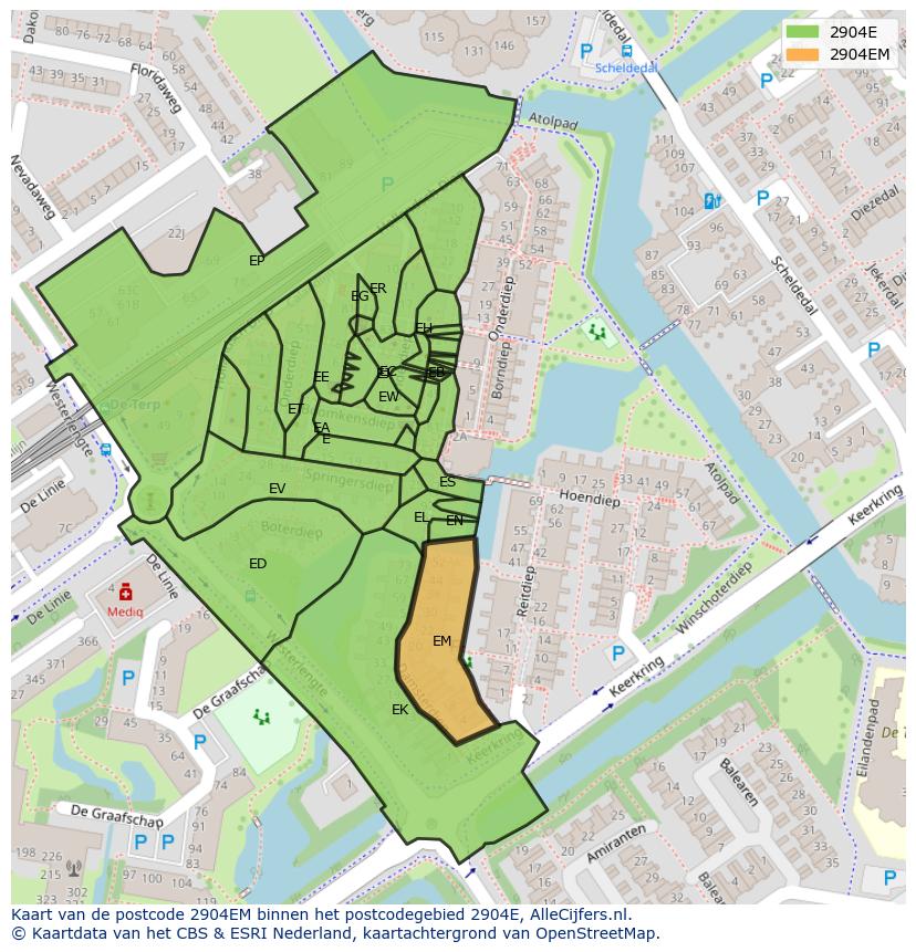 Afbeelding van het postcodegebied 2904 EM op de kaart.