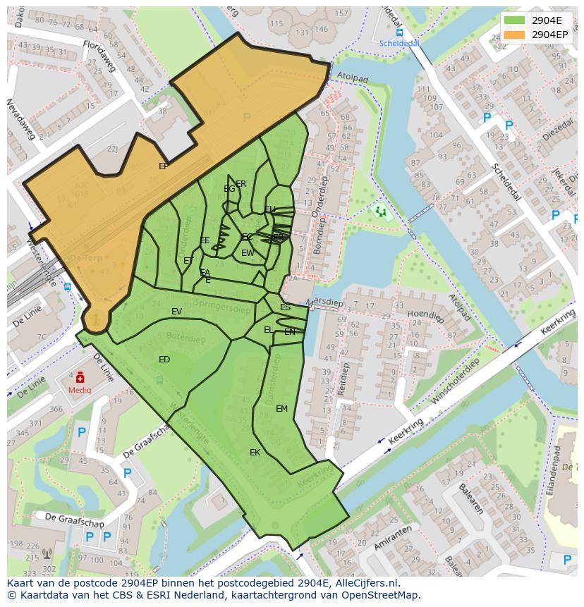 Afbeelding van het postcodegebied 2904 EP op de kaart.