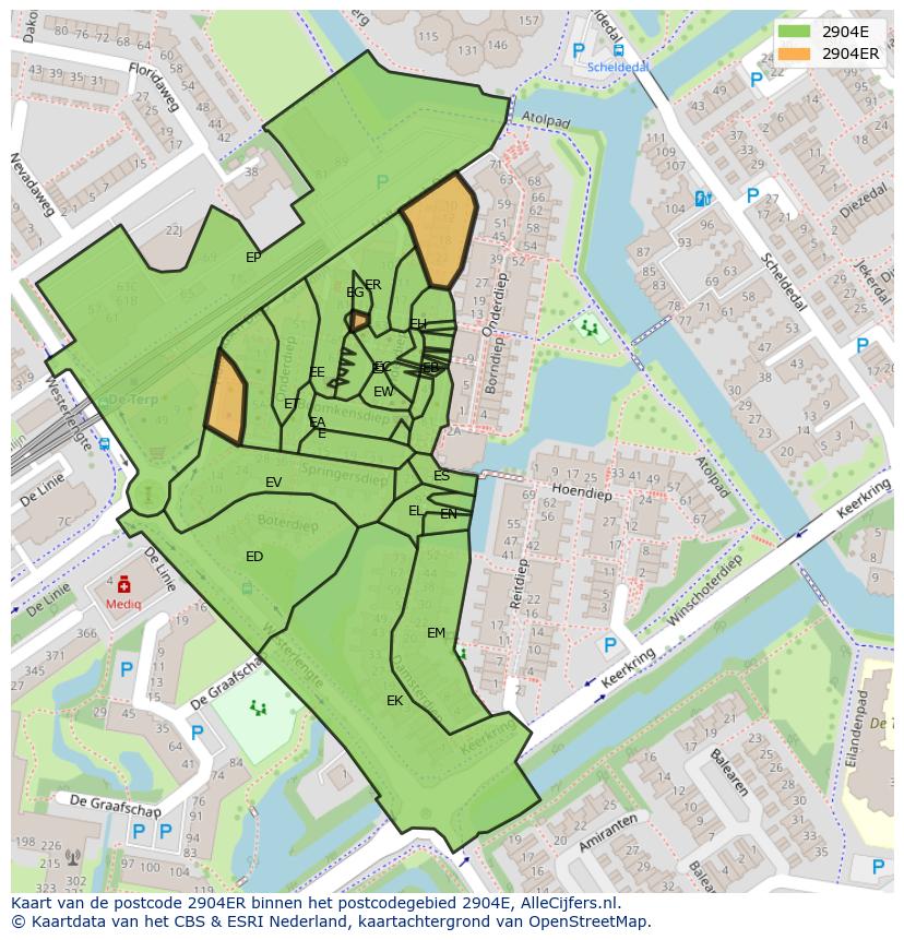 Afbeelding van het postcodegebied 2904 ER op de kaart.