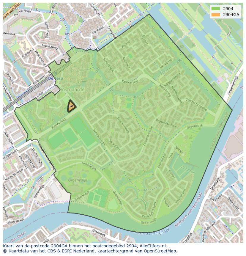 Afbeelding van het postcodegebied 2904 GA op de kaart.