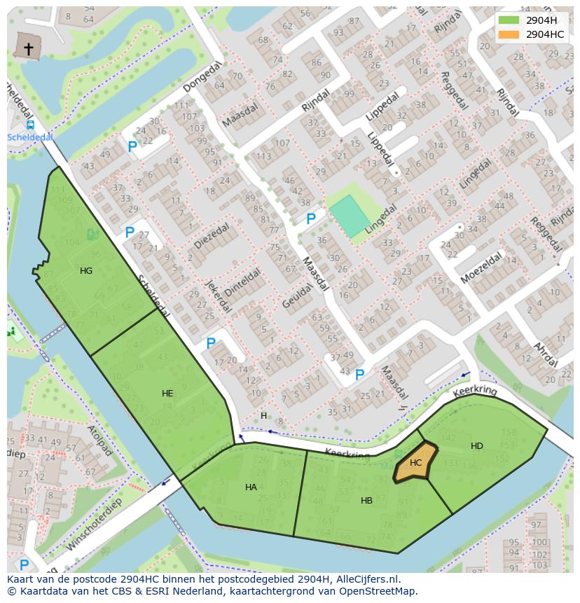 Afbeelding van het postcodegebied 2904 HC op de kaart.