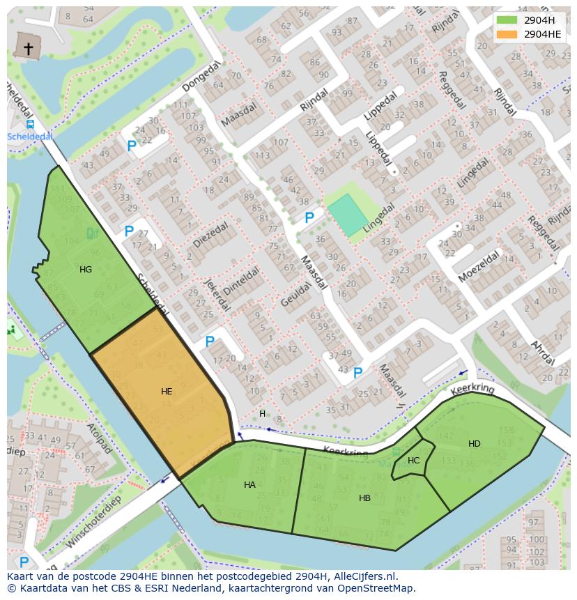 Afbeelding van het postcodegebied 2904 HE op de kaart.