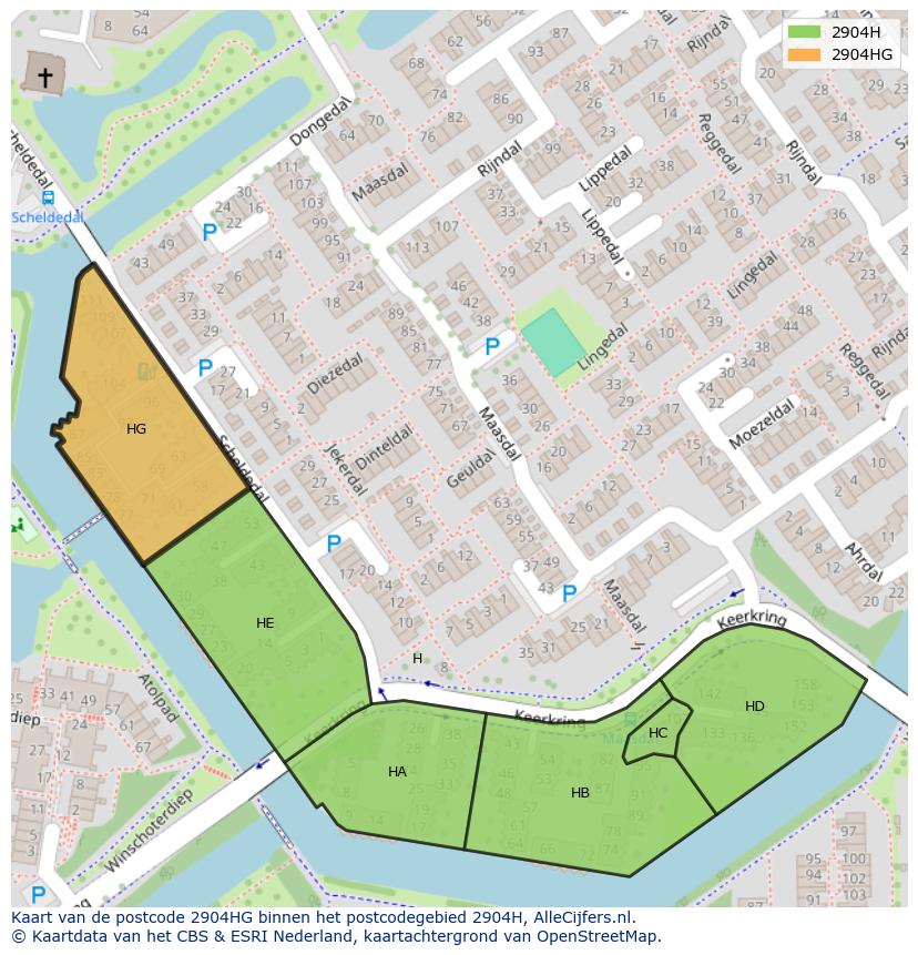 Afbeelding van het postcodegebied 2904 HG op de kaart.