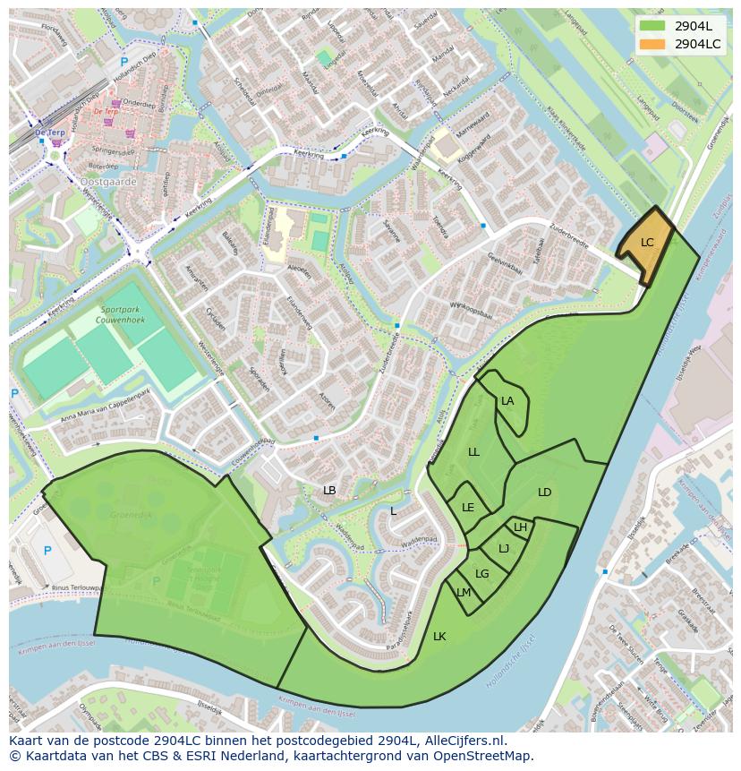 Afbeelding van het postcodegebied 2904 LC op de kaart.
