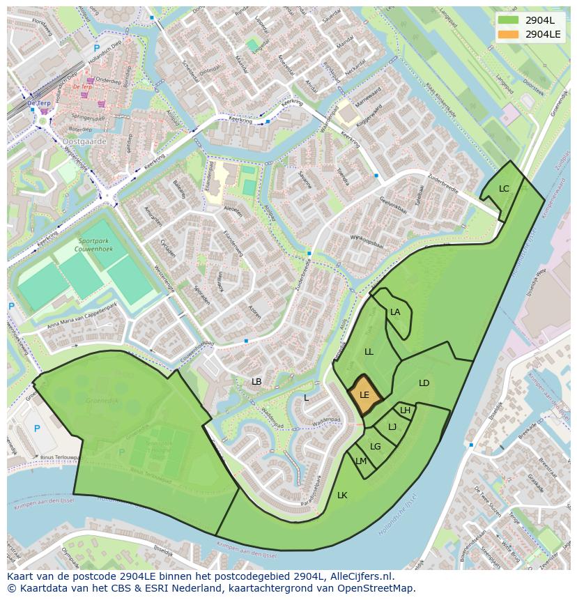 Afbeelding van het postcodegebied 2904 LE op de kaart.