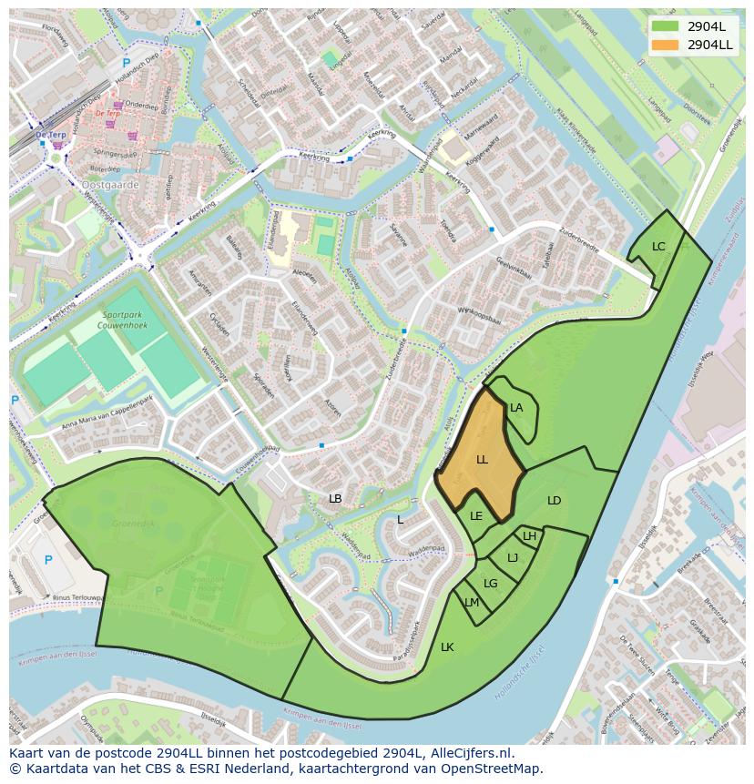 Afbeelding van het postcodegebied 2904 LL op de kaart.