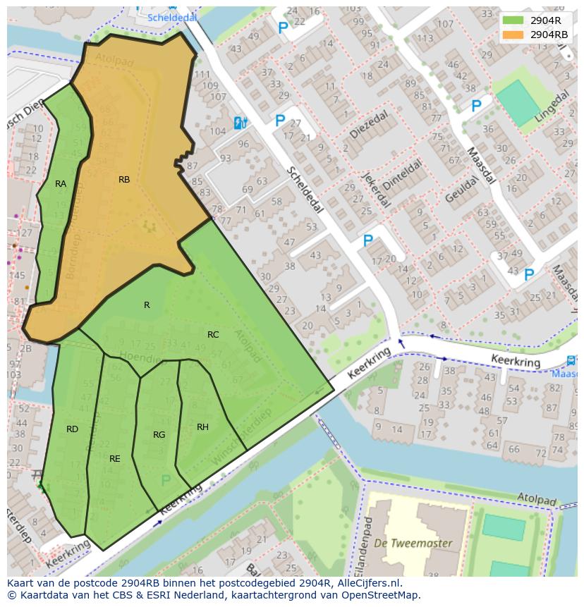 Afbeelding van het postcodegebied 2904 RB op de kaart.