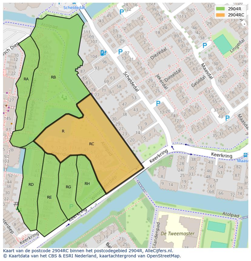 Afbeelding van het postcodegebied 2904 RC op de kaart.