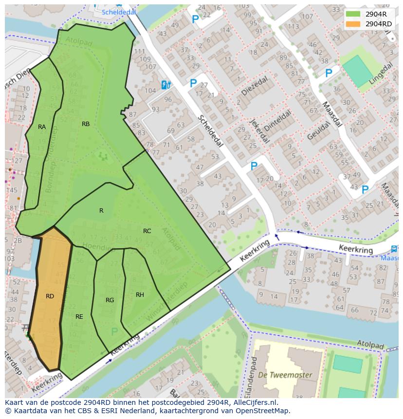 Afbeelding van het postcodegebied 2904 RD op de kaart.