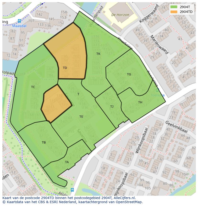 Afbeelding van het postcodegebied 2904 TD op de kaart.