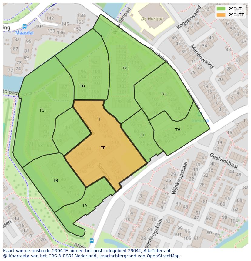 Afbeelding van het postcodegebied 2904 TE op de kaart.