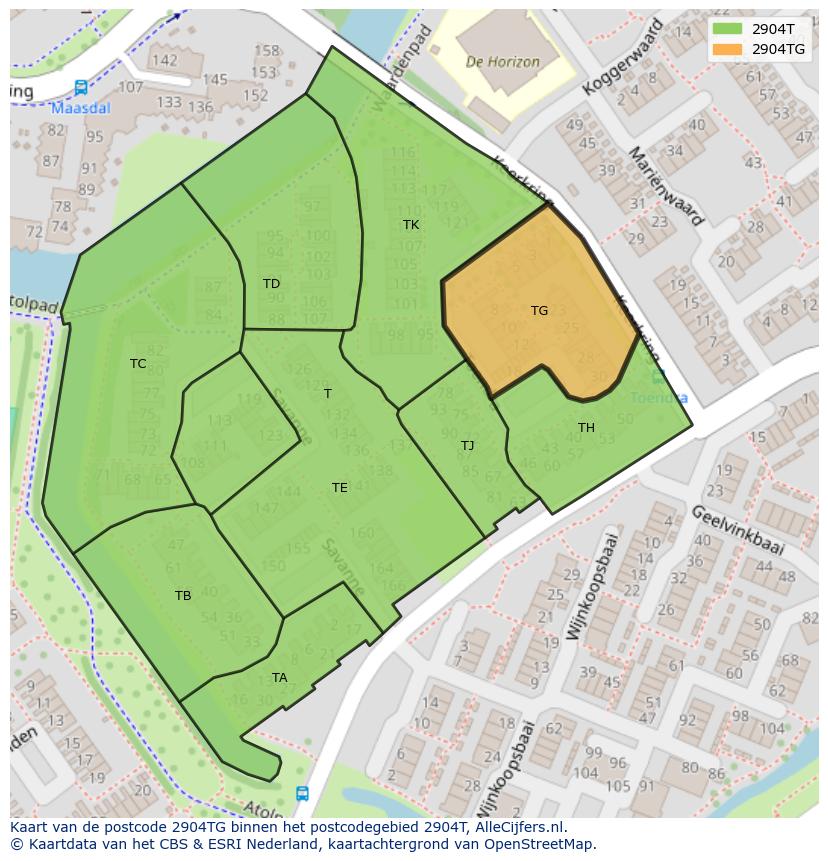 Afbeelding van het postcodegebied 2904 TG op de kaart.