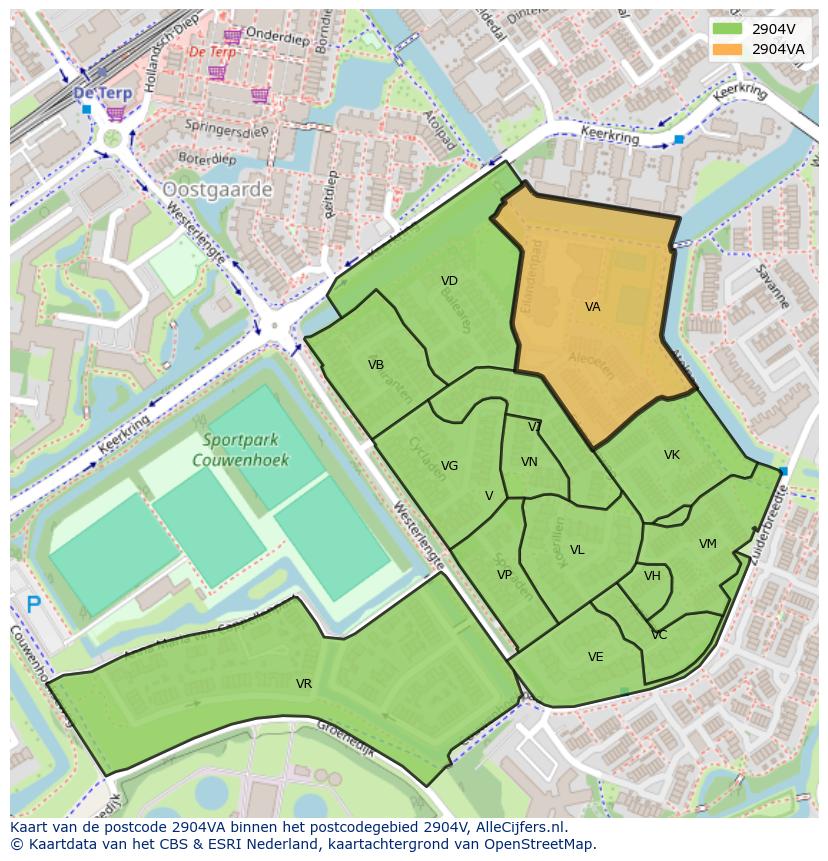 Afbeelding van het postcodegebied 2904 VA op de kaart.
