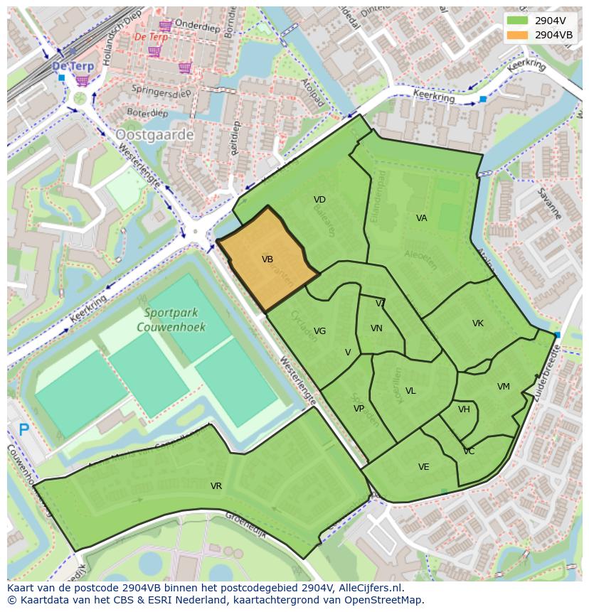 Afbeelding van het postcodegebied 2904 VB op de kaart.