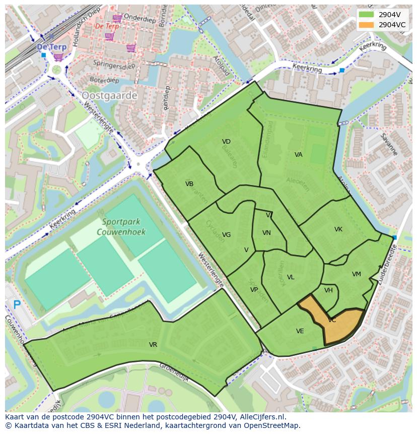 Afbeelding van het postcodegebied 2904 VC op de kaart.