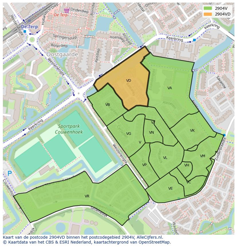 Afbeelding van het postcodegebied 2904 VD op de kaart.