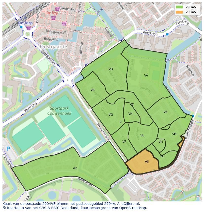 Afbeelding van het postcodegebied 2904 VE op de kaart.