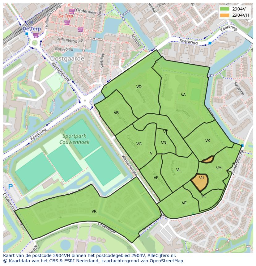 Afbeelding van het postcodegebied 2904 VH op de kaart.