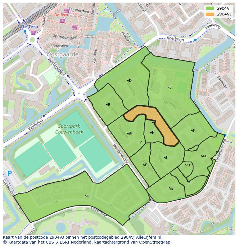 Afbeelding van het postcodegebied 2904 VJ op de kaart.