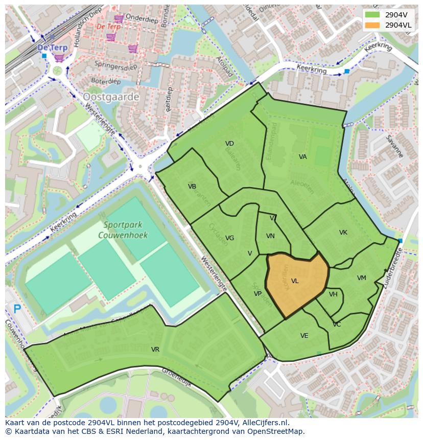Afbeelding van het postcodegebied 2904 VL op de kaart.