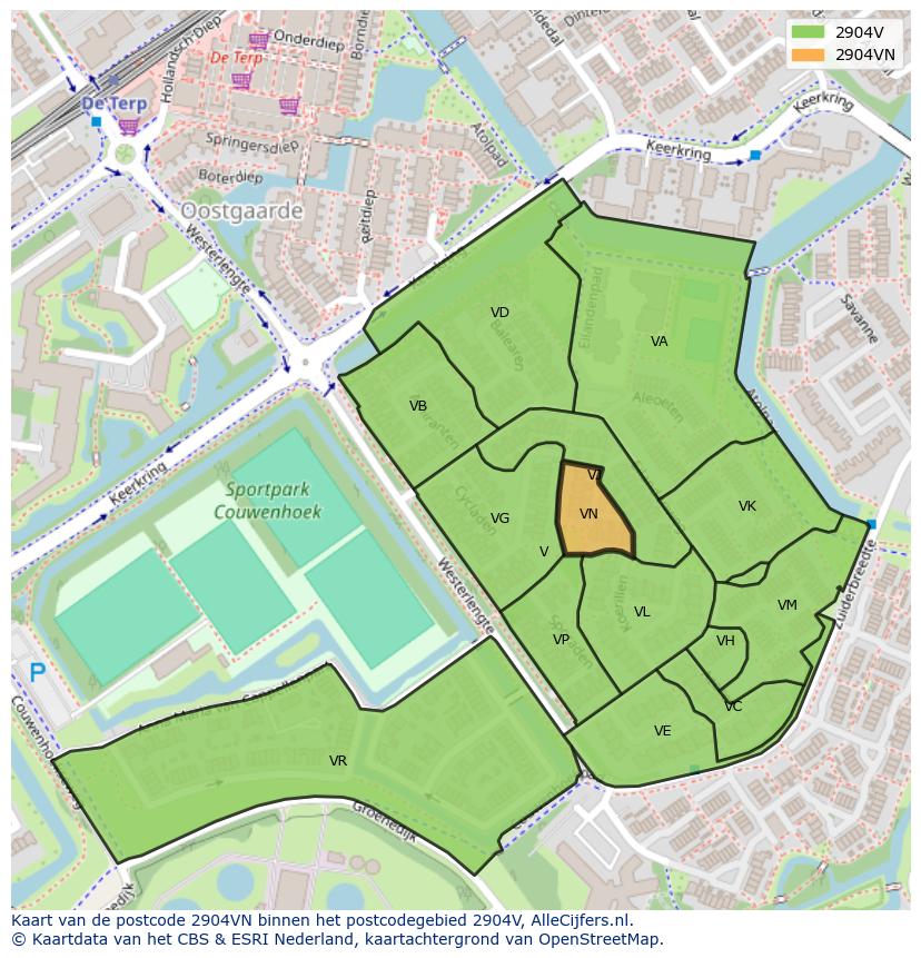 Afbeelding van het postcodegebied 2904 VN op de kaart.