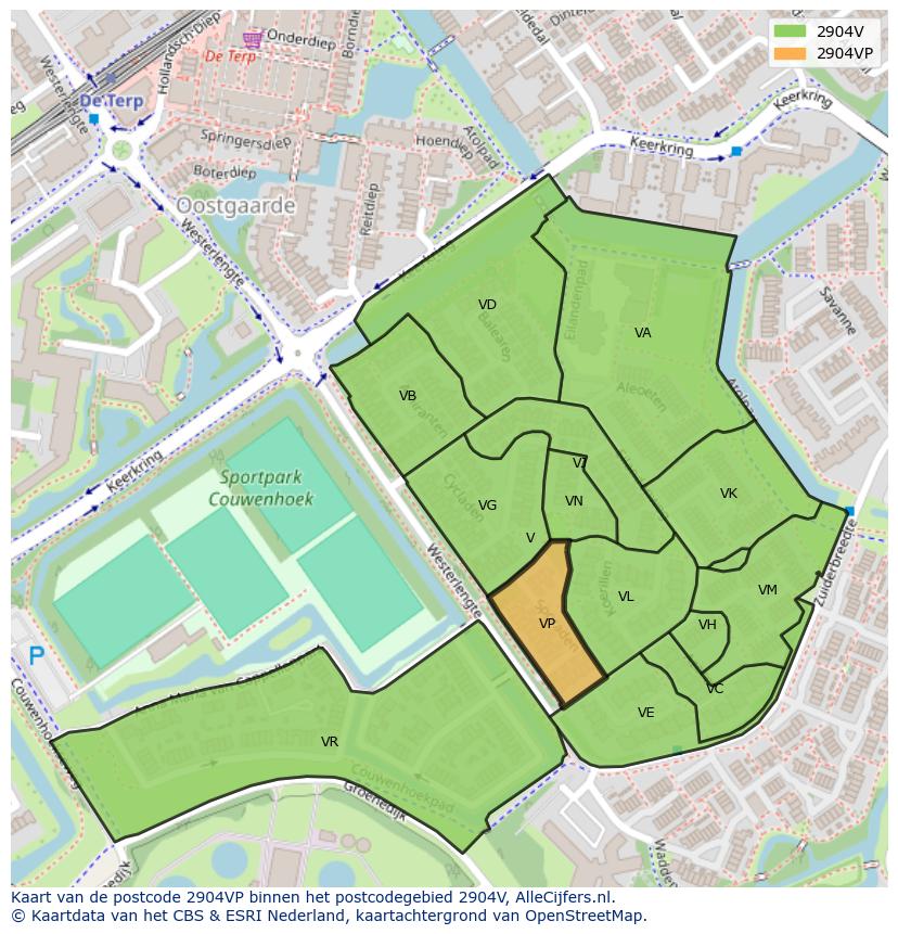 Afbeelding van het postcodegebied 2904 VP op de kaart.
