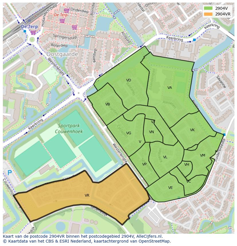 Afbeelding van het postcodegebied 2904 VR op de kaart.