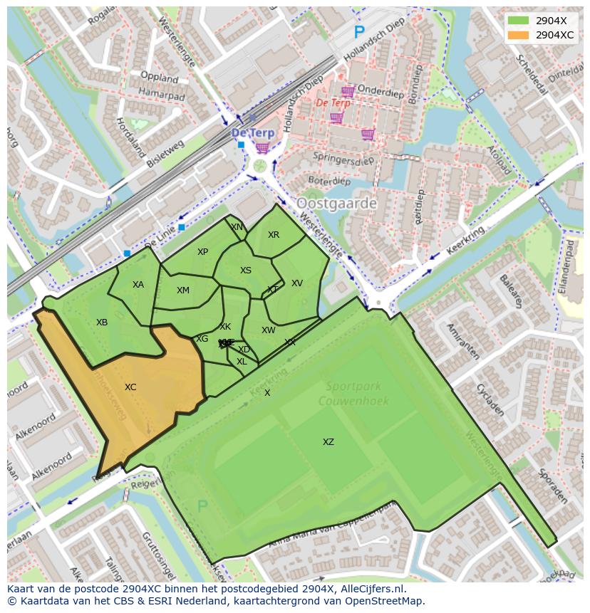 Afbeelding van het postcodegebied 2904 XC op de kaart.