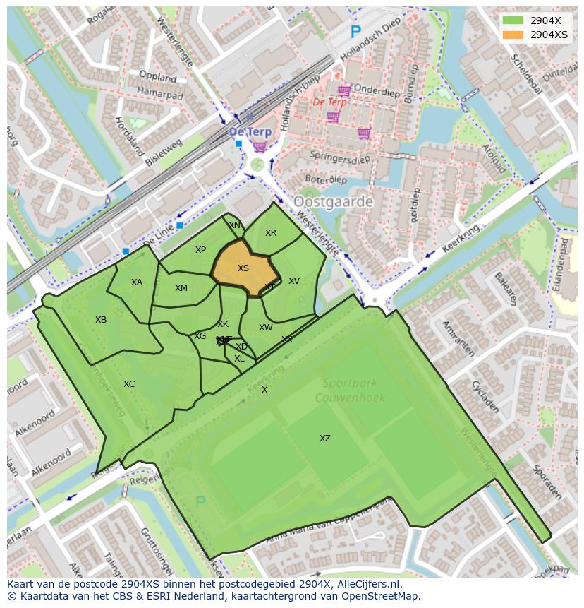Afbeelding van het postcodegebied 2904 XS op de kaart.