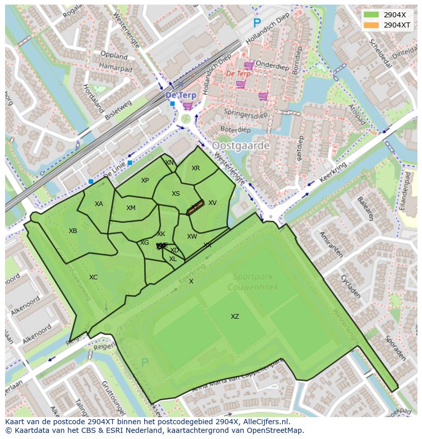 Afbeelding van het postcodegebied 2904 XT op de kaart.