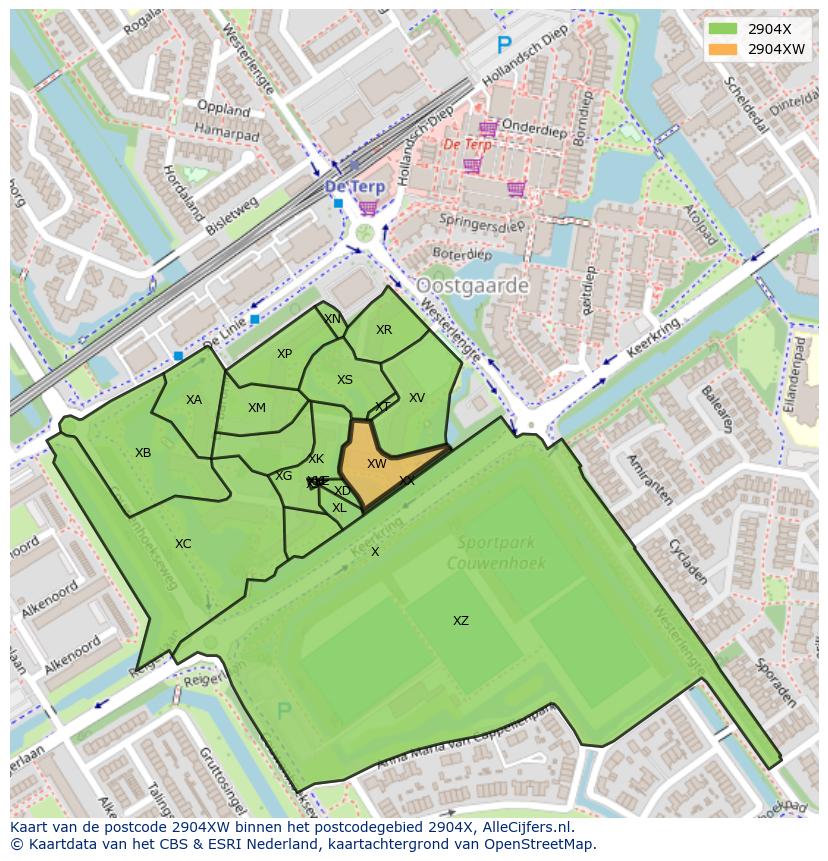 Afbeelding van het postcodegebied 2904 XW op de kaart.