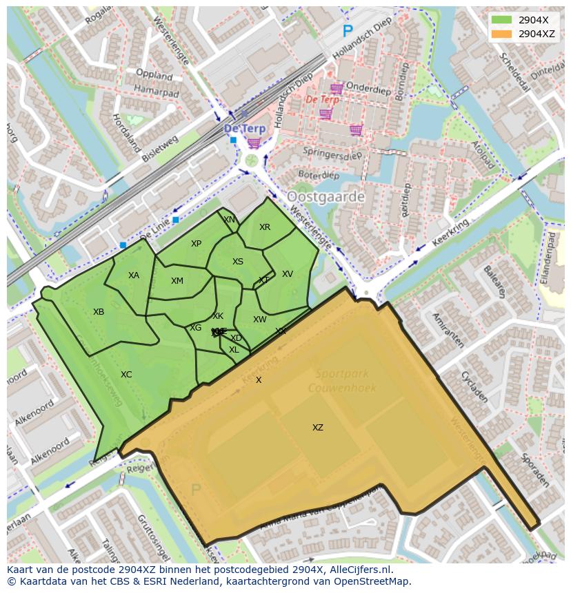 Afbeelding van het postcodegebied 2904 XZ op de kaart.