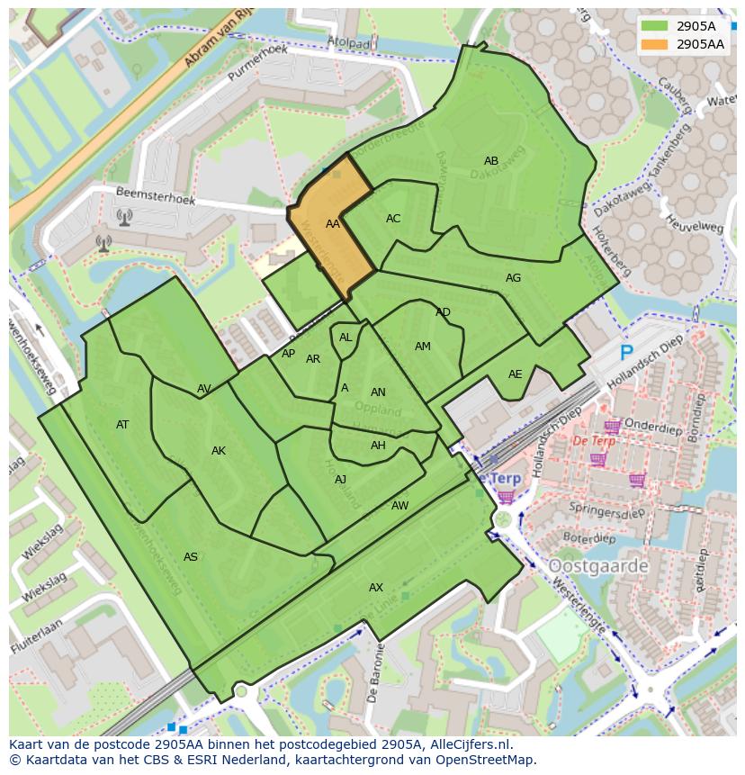 Afbeelding van het postcodegebied 2905 AA op de kaart.