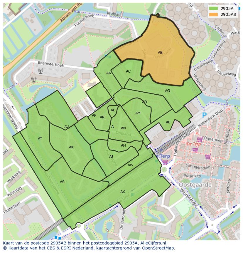Afbeelding van het postcodegebied 2905 AB op de kaart.