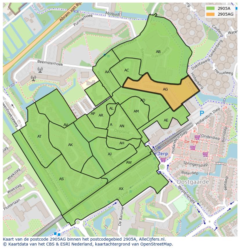 Afbeelding van het postcodegebied 2905 AG op de kaart.