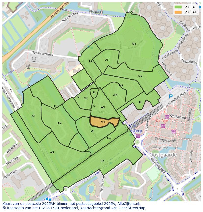 Afbeelding van het postcodegebied 2905 AH op de kaart.