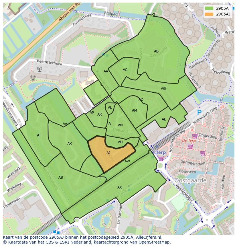 Afbeelding van het postcodegebied 2905 AJ op de kaart.