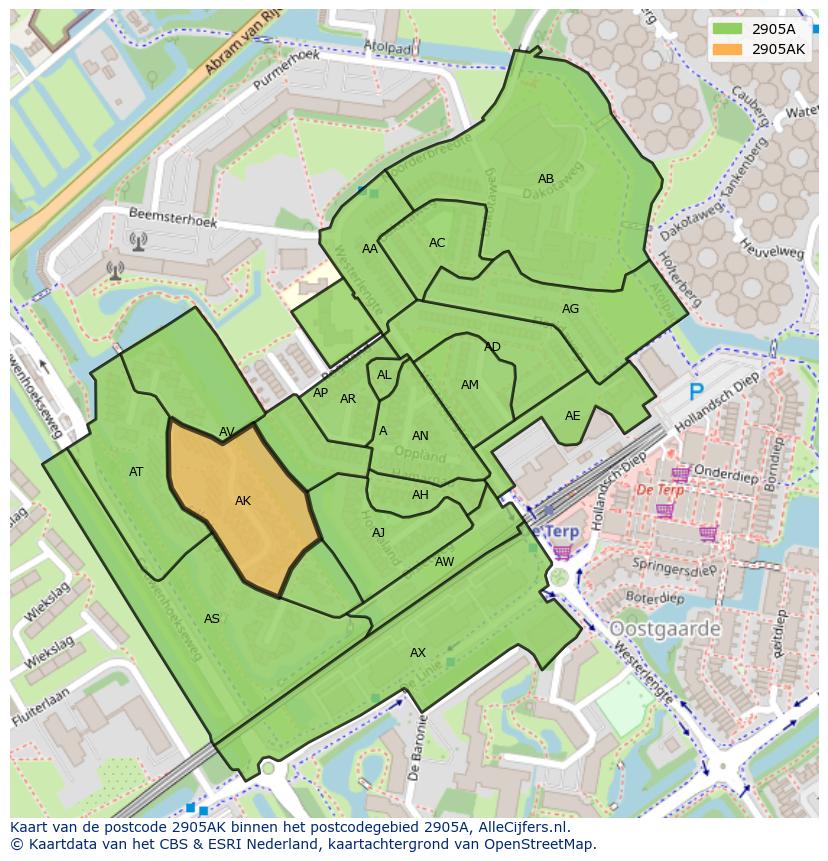 Afbeelding van het postcodegebied 2905 AK op de kaart.