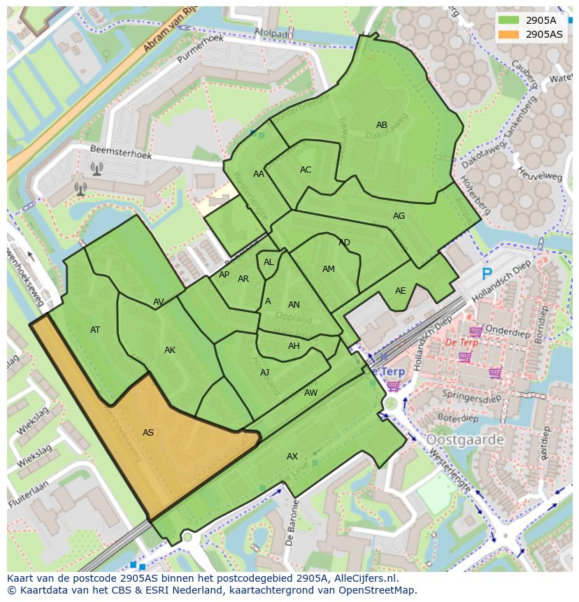 Afbeelding van het postcodegebied 2905 AS op de kaart.