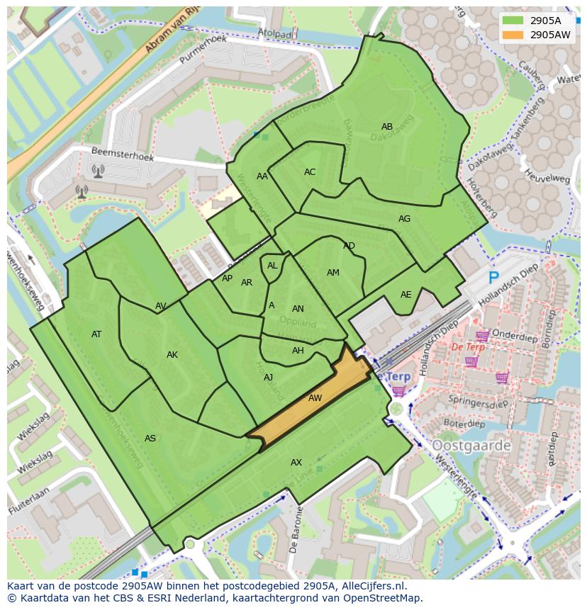 Afbeelding van het postcodegebied 2905 AW op de kaart.